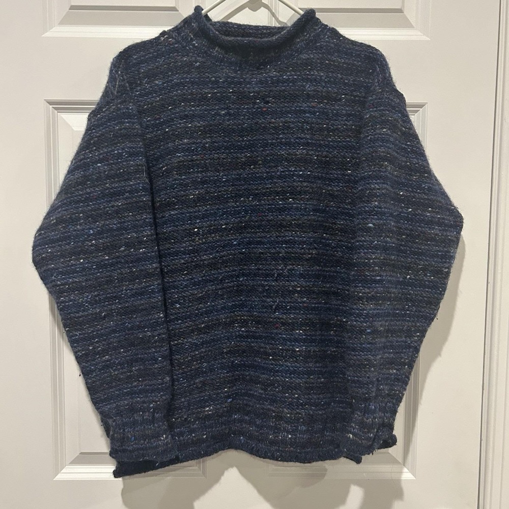 VTG Aran Crafts Ireland Blue Marl Knit Wool Sweater Roll Neck Womens XL Mens M